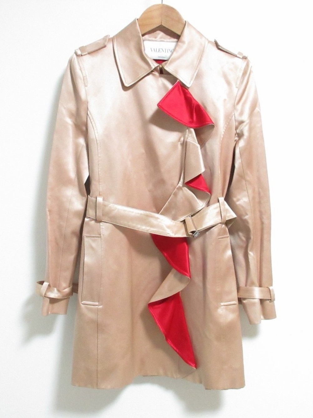 VALENTINO Midi-Length Frilled Pink Satin Trench Coat